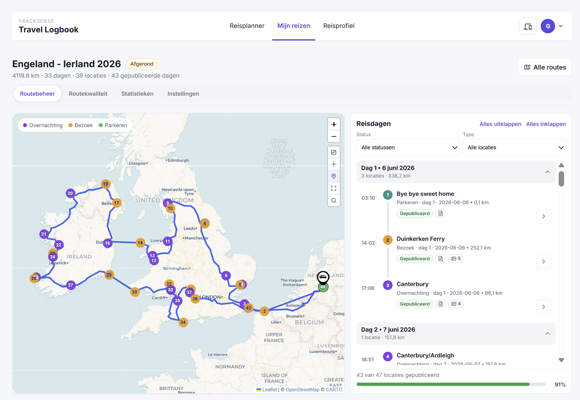 TrackSense-kaart met een camperroute en herkende locaties